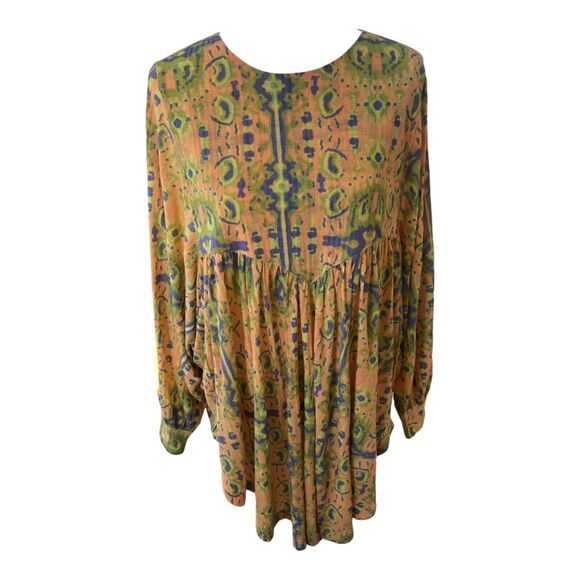 Free‎ People Artsy Boho Peasant Flowy Orange Oversized Open Back Tunic Top M - Picture 1 of 11